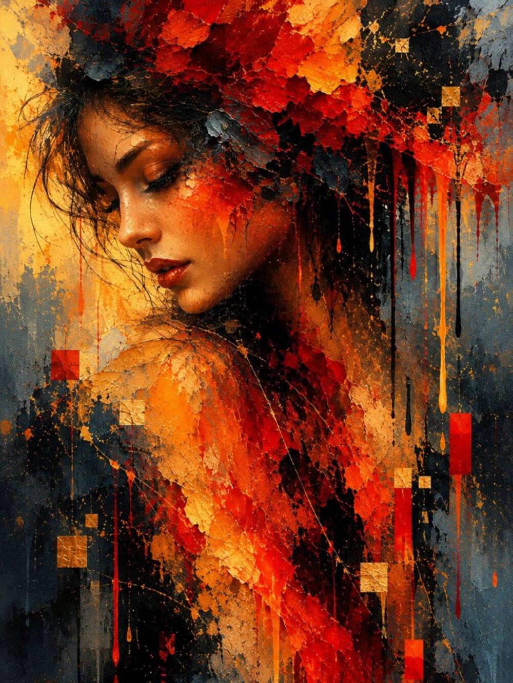 Crimson Solitude Abstract Art Print 36" X 24" Red Gold Modern Fine Art Wall Deco